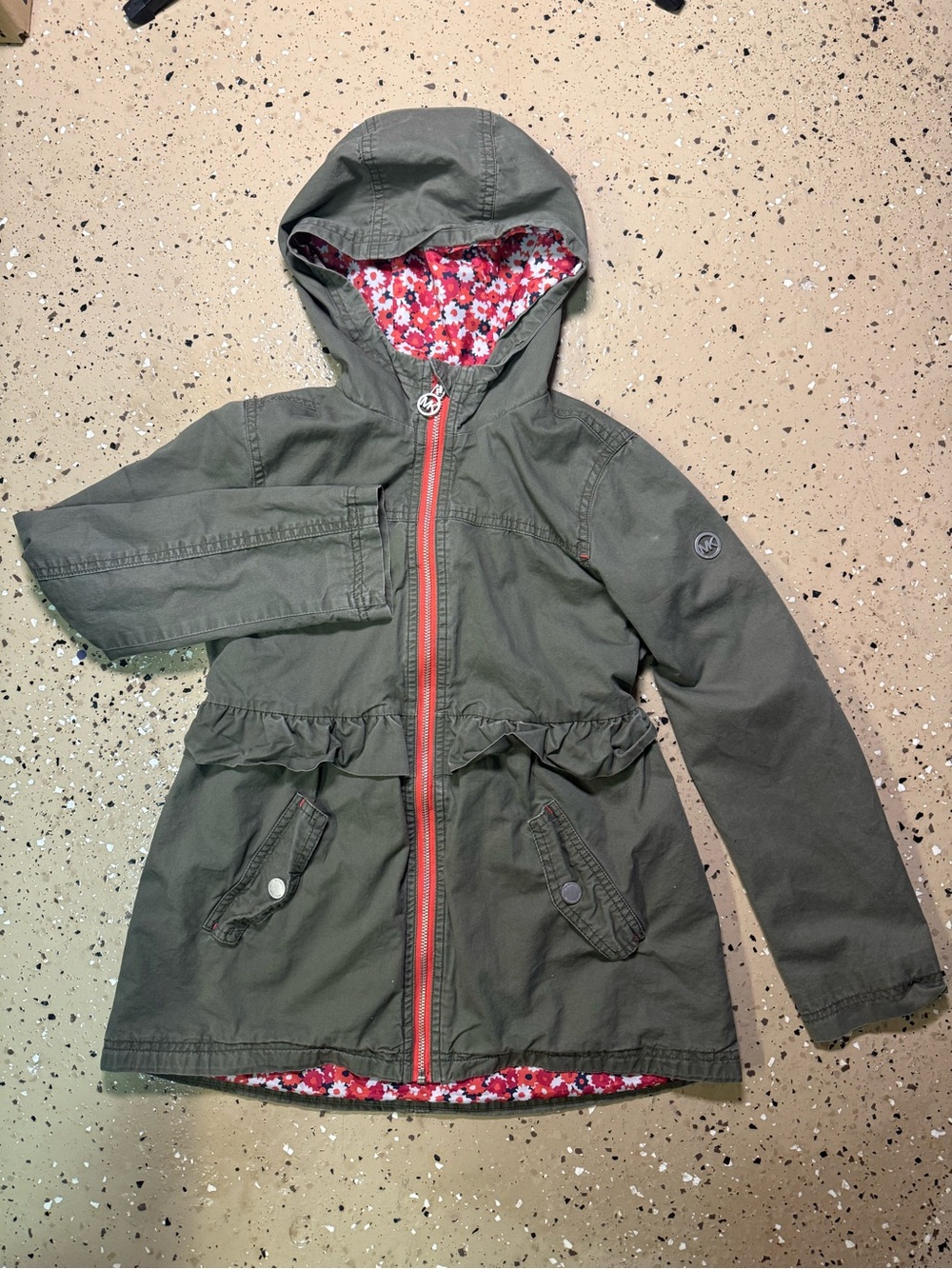 MICHAEL Michael Kors Olive Hooded Girls' Raincoat with Floral Lining